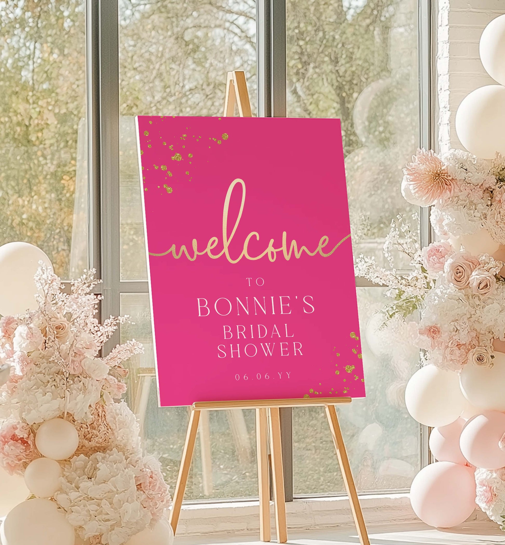 Pink welcome sign for Bonnie's bridal shower with floral decorations and balloons. Editable Welcome Sign, Hot Pink Gold Printable Girls Birthday Welcome Sign, Hot Pink Doll Party Welcome Sign, Hot Pink Bridal Shower Paintly