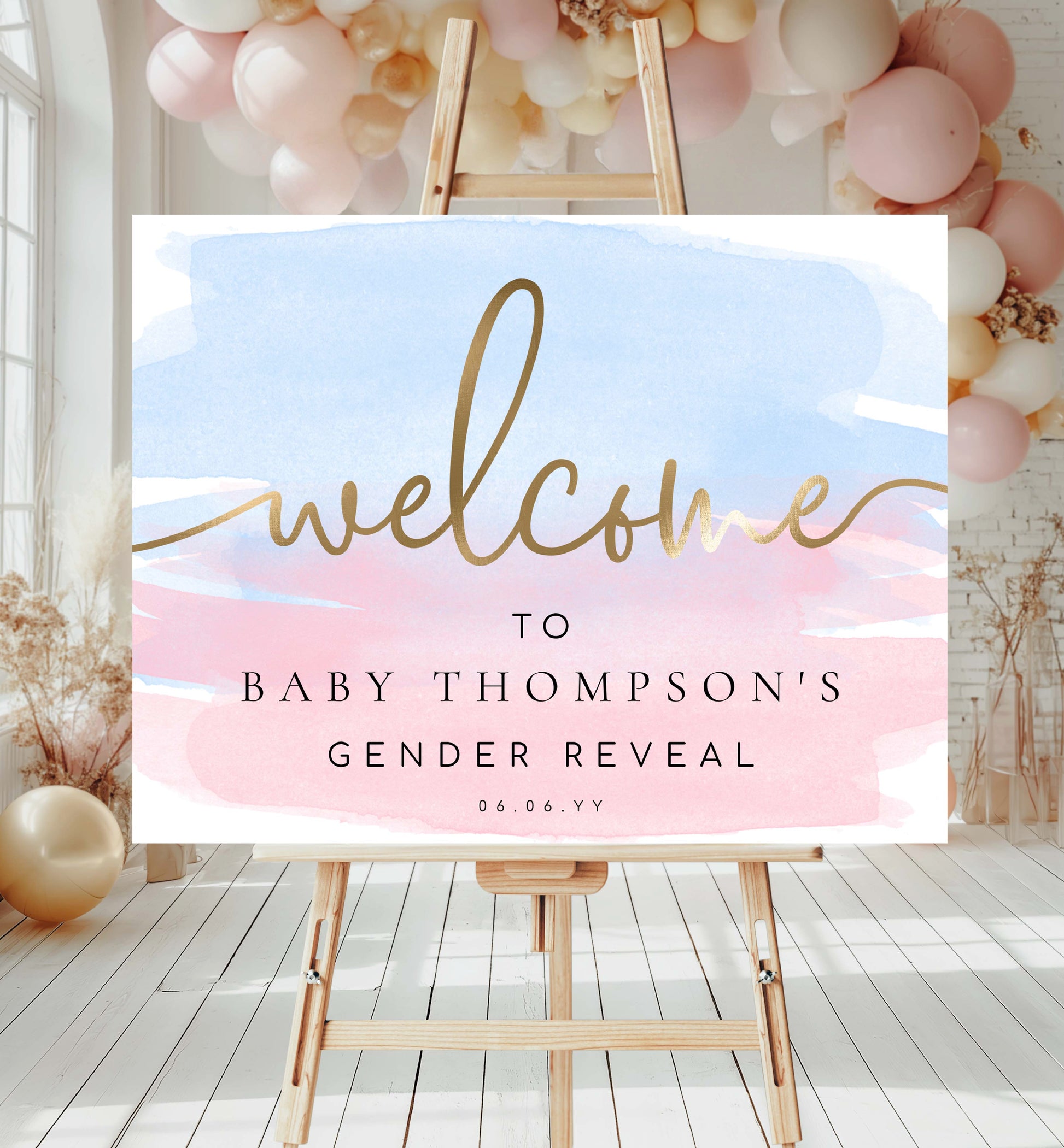 Printable Welcome Sign, Pink Blue Watercolour Gender Reveal Party Welcome Sign, Gender Neutral Baby Shower Welcome Sign, Gold