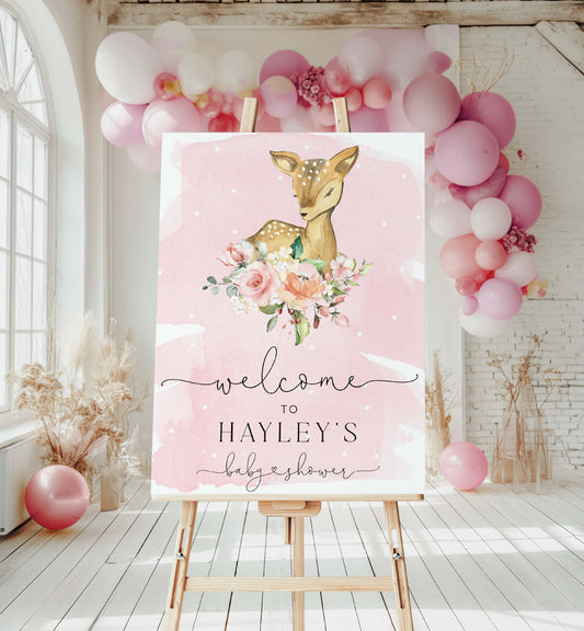 Decorative sign for a baby shower with a deer and floral design, surrounded by balloons and flowers. Printable Welcome Sign, Oh Deer Baby Shower Welcome Sign, Woodland Animals Girl Baby Shower, Oh Deer A Baby Girl Is Almost Here, Pink