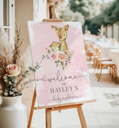 Baby shower welcome sign with a deer and flowers on an easel outdoors. Printable Welcome Sign, Oh Deer Baby Shower Welcome Sign, Woodland Animals Girl Baby Shower, Oh Deer A Baby Girl Is Almost Here, Pink
