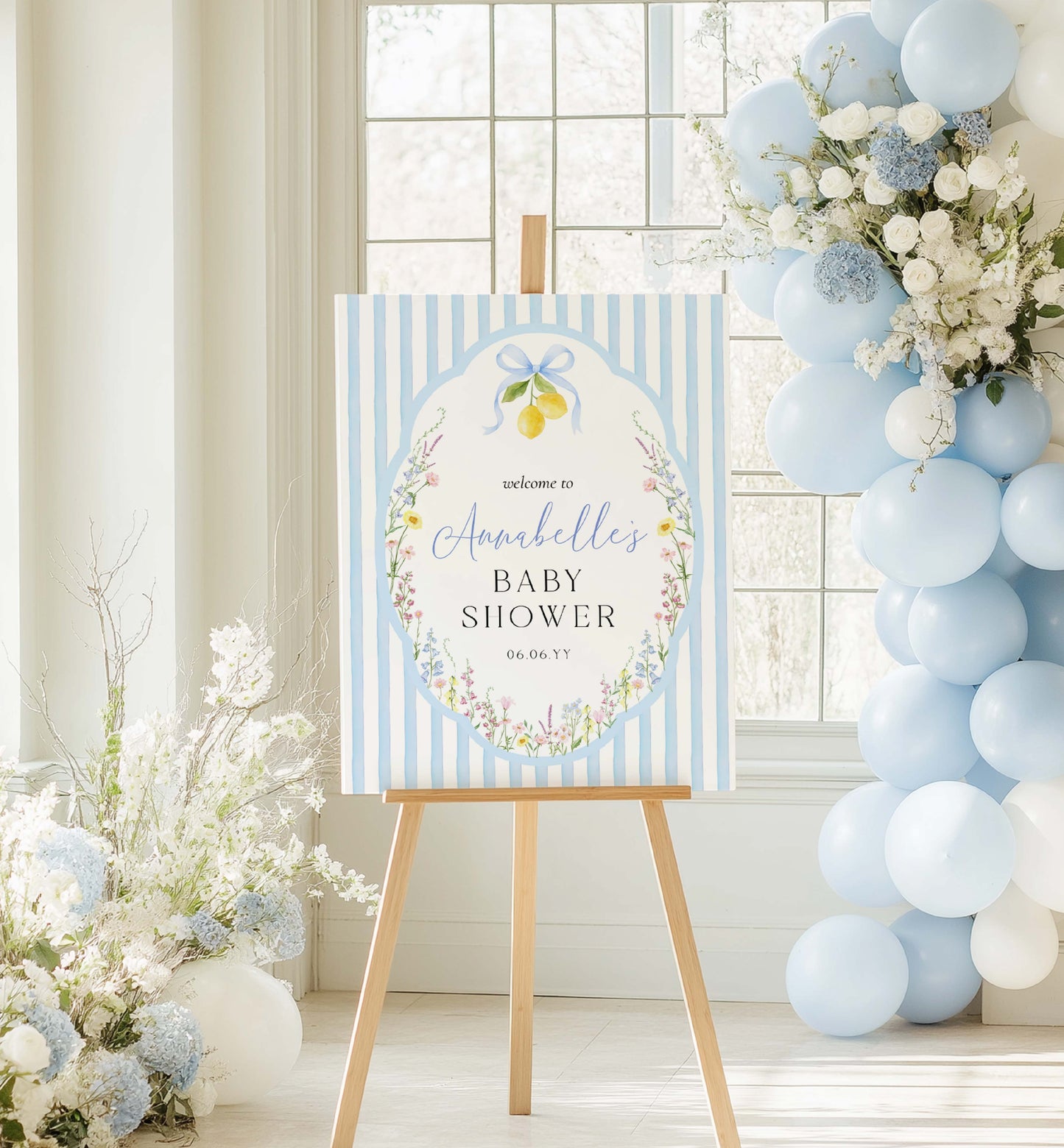 Baby shower sign on an easel with balloons and flowers in a room. Printable Bridal Shower Welcome Sign, Spring Wildflower, Blue Bow Ribbon, Bachelorette Party, Hens Party, Baby Shower Welcome Sign, Baby In Bloom