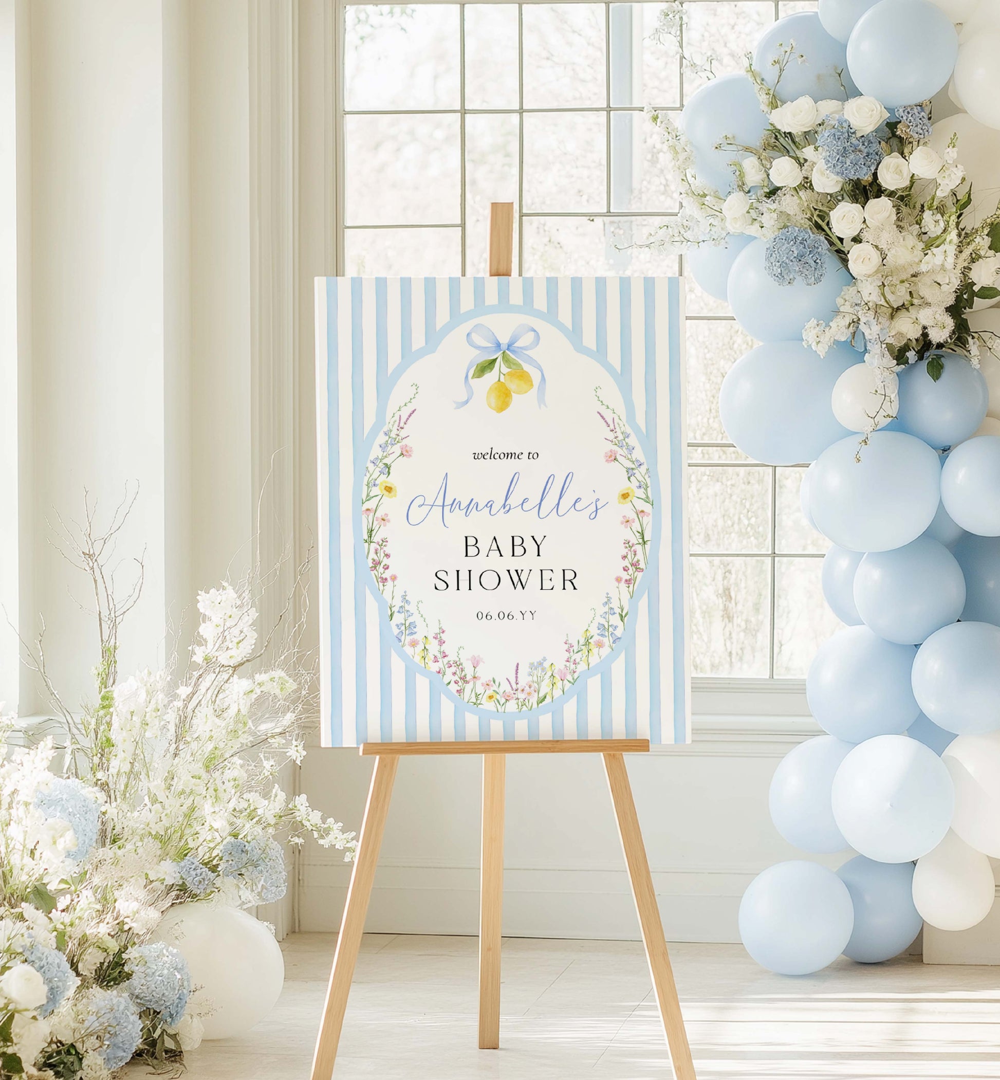Baby shower sign on an easel with balloons and flowers in a room. Printable Bridal Shower Welcome Sign, Spring Wildflower, Blue Bow Ribbon, Bachelorette Party, Hens Party, Baby Shower Welcome Sign, Baby In Bloom