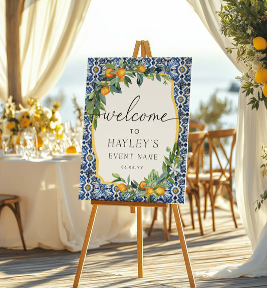 Decorative welcome sign on an easel at a wedding reception with floral and fruit design. Printable Welcome Sign Template, Positano Blue Tile, Italian Oranges, Bridal Shower Welcome Sign, Wedding Sign, Baby Shower Sign