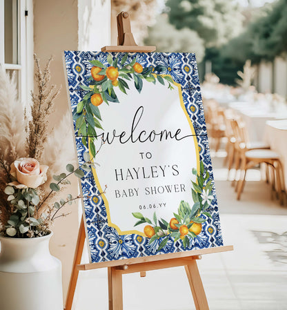 Baby shower welcome sign with floral design on an easel outdoors. Printable Welcome Sign Template, Positano Blue Tile, Italian Oranges, Bridal Shower Welcome Sign, Wedding Sign, Baby Shower Sign