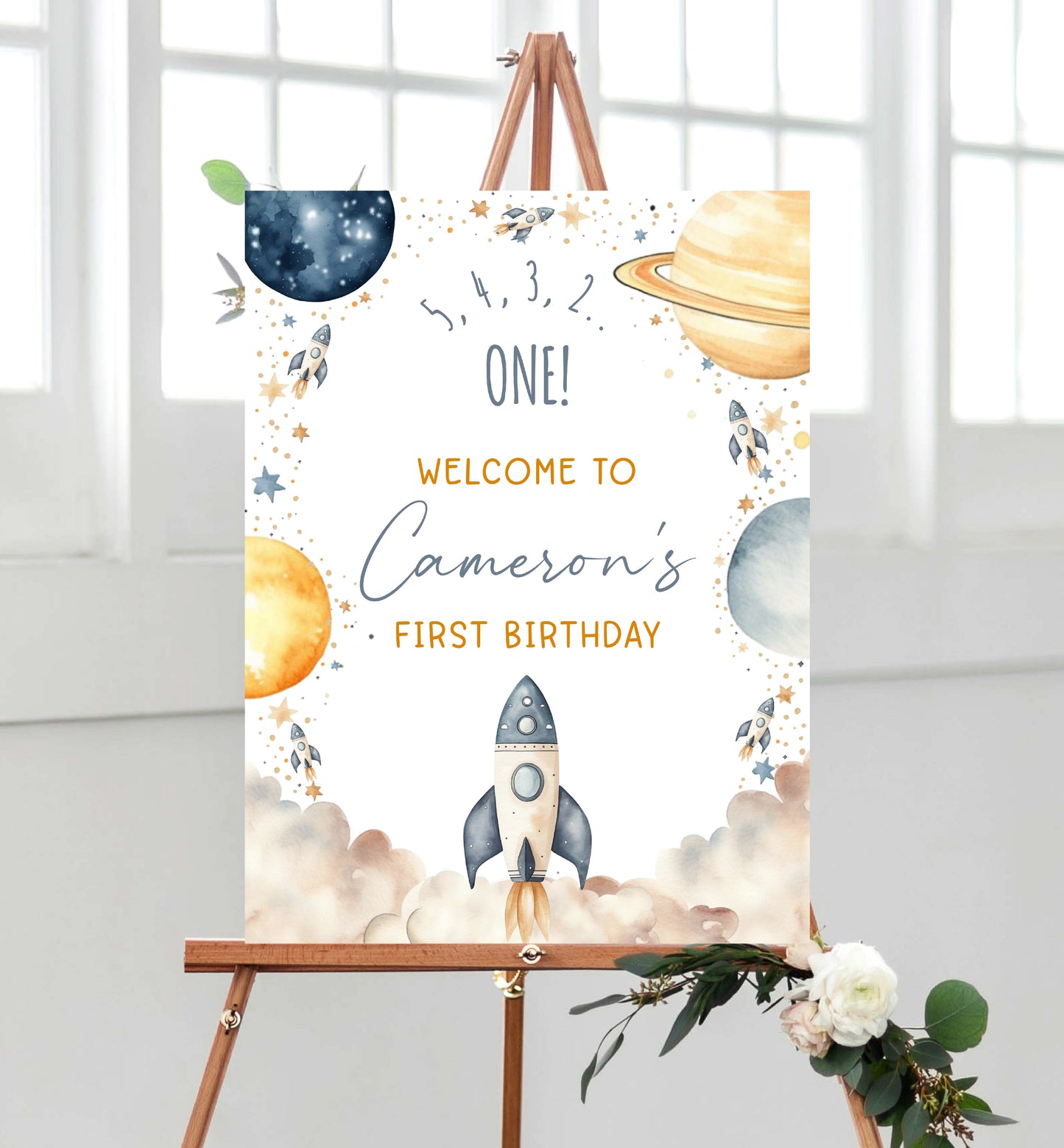 Rocket Ship Outer Space Birthday Welcome Sign, Printable First Trip Around The Sun Birthday Welcome Sign, Boy Space Birthday Blast Off Sign