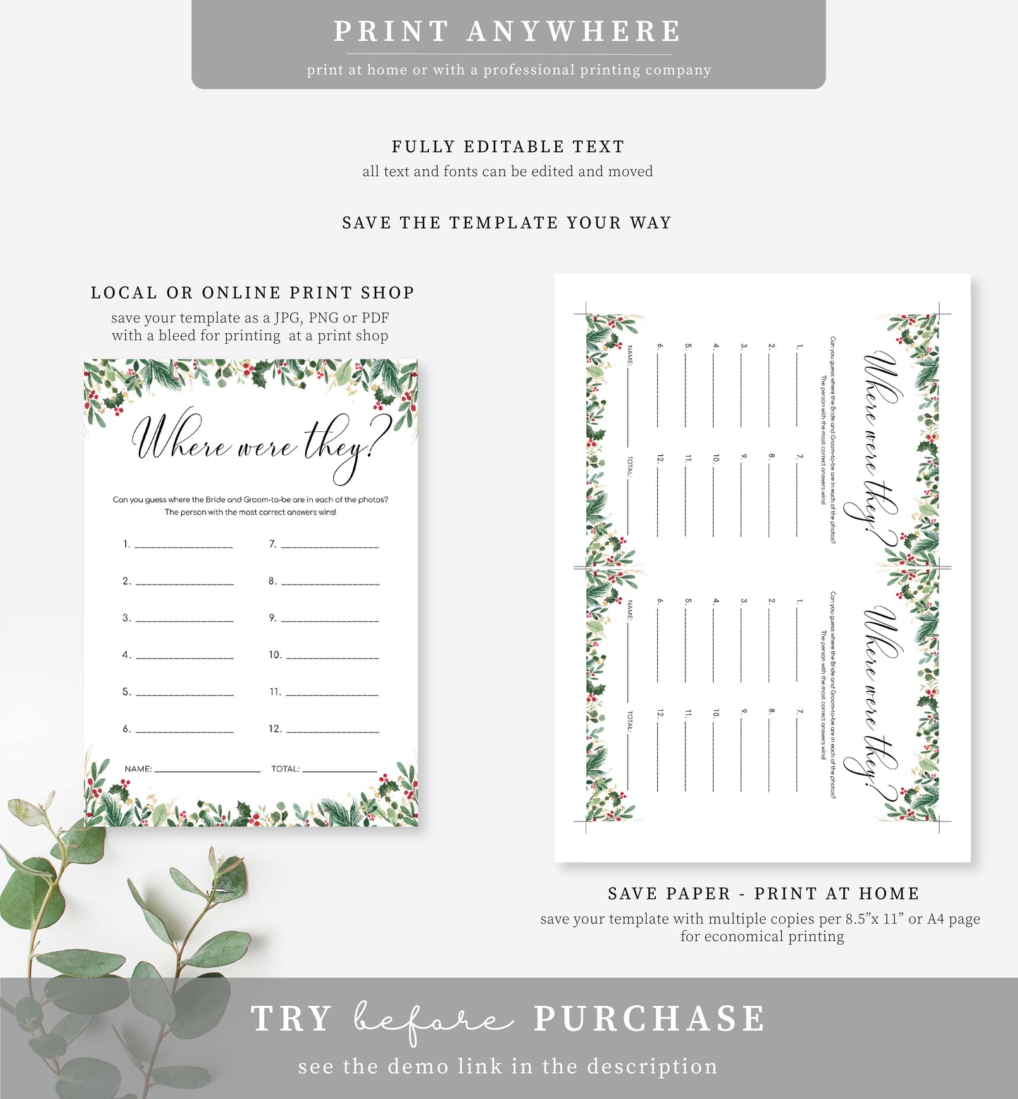 Merriment Christmas | Printable Where Were They Photo Bridal Shower Game Poster Template