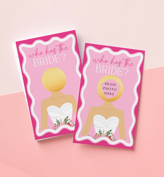 Two 'Who has the bride?' cards on a pink background. Celebrity Who Has The Bride Printable Bridal Shower Game, Hot Pink Scratch-off Find The Bride Game, Minimalist Bridal Shower, Couples Shower, Wave