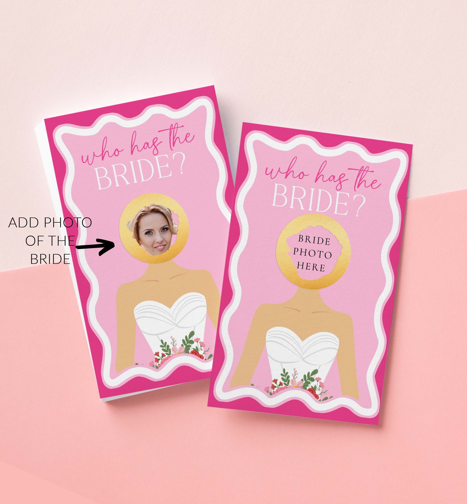 Two cards with 'Who has the bride?' text and space for a photo on a pink background. Celebrity Who Has The Bride Printable Bridal Shower Game, Hot Pink Scratch-off Find The Bride Game, Minimalist Bridal Shower, Couples Shower, Wave
