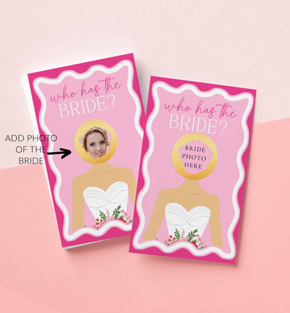 Two cards with 'Who has the bride?' text and space for a photo on a pink background. Celebrity Who Has The Bride Printable Bridal Shower Game, Hot Pink Scratch-off Find The Bride Game, Minimalist Bridal Shower, Couples Shower, Wave