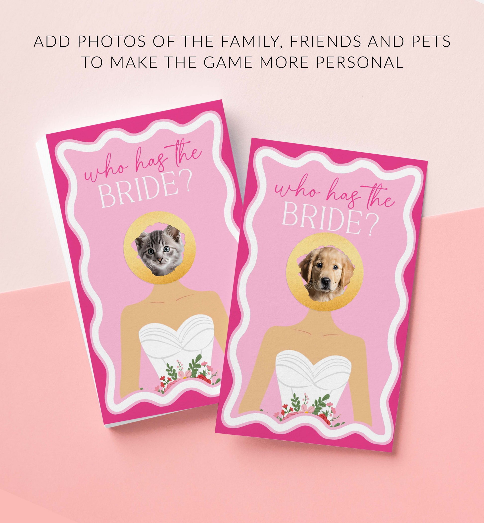 Two 'Who has the Bride?' cards with pet photos on a pink background. Celebrity Who Has The Bride Printable Bridal Shower Game, Hot Pink Scratch-off Find The Bride Game, Minimalist Bridal Shower, Couples Shower, Wave