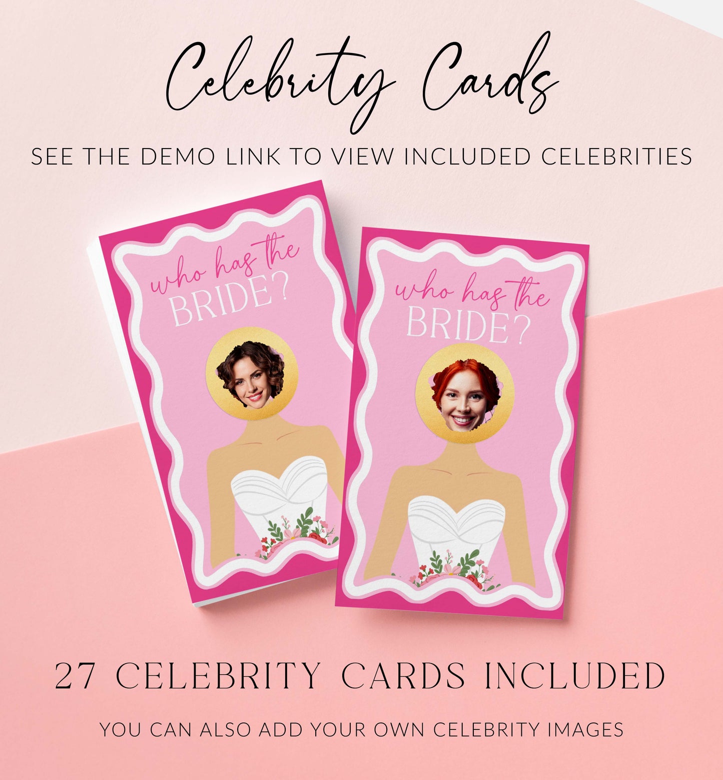 Two 'Who Has the Bride?' cards with celebrity images on a pink background. Celebrity Who Has The Bride Printable Bridal Shower Game, Hot Pink Scratch-off Find The Bride Game, Minimalist Bridal Shower, Couples Shower, Wave