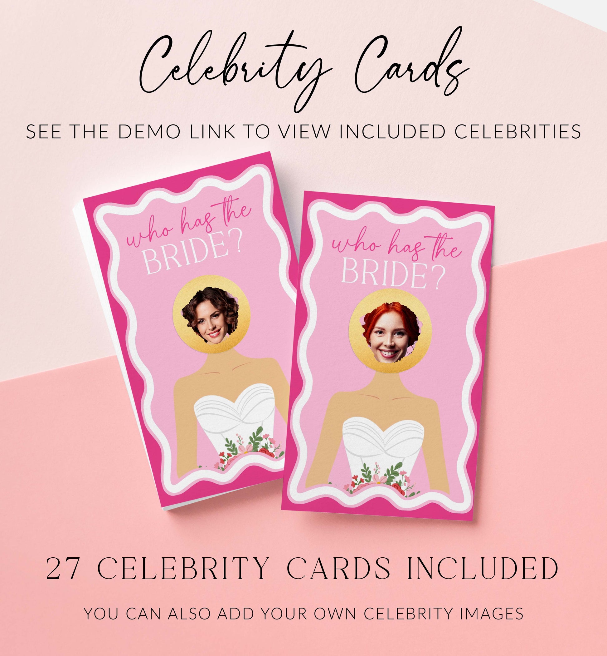 Two 'Who Has the Bride?' cards with celebrity images on a pink background. Celebrity Who Has The Bride Printable Bridal Shower Game, Hot Pink Scratch-off Find The Bride Game, Minimalist Bridal Shower, Couples Shower, Wave