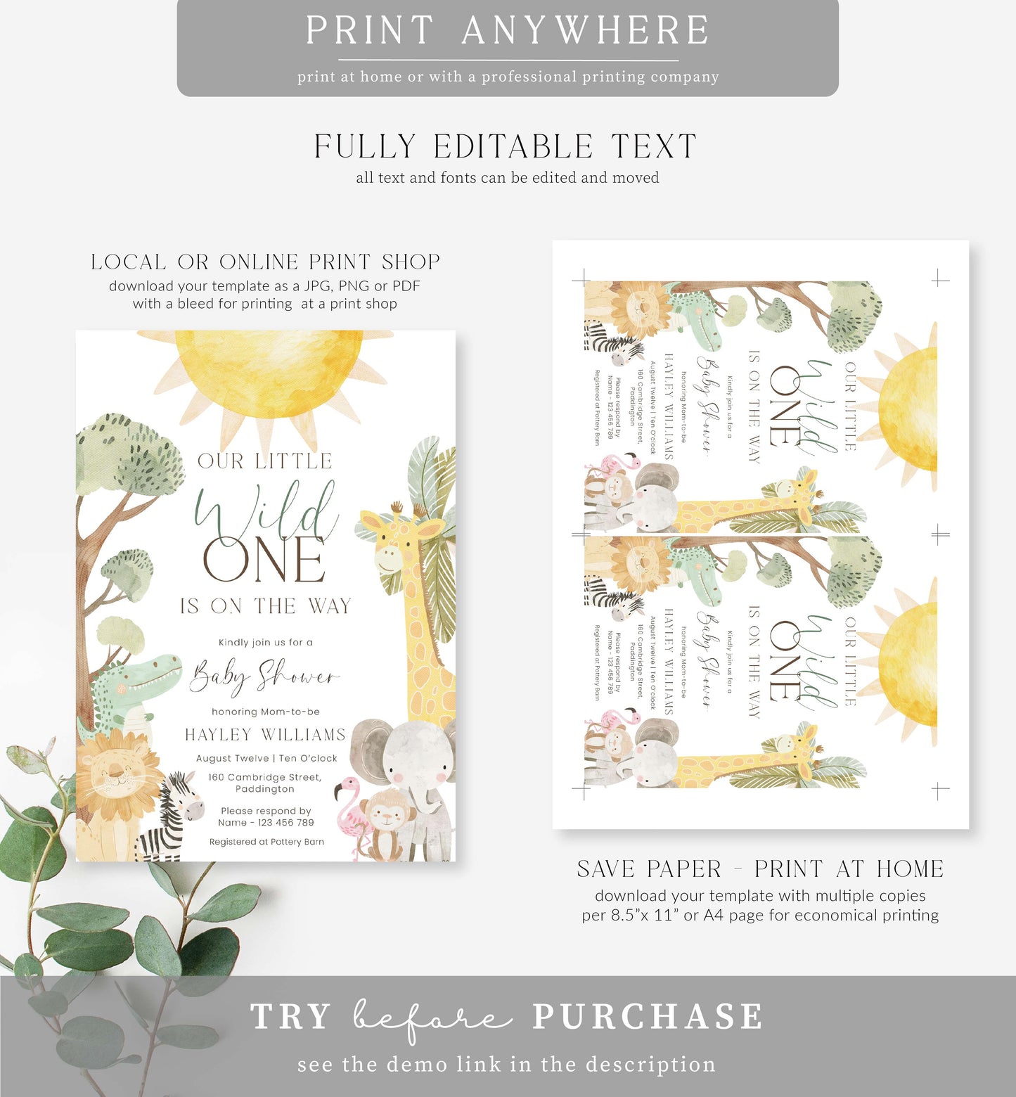 Nyala Safari | Printable Baby Shower Invitation Suite Template