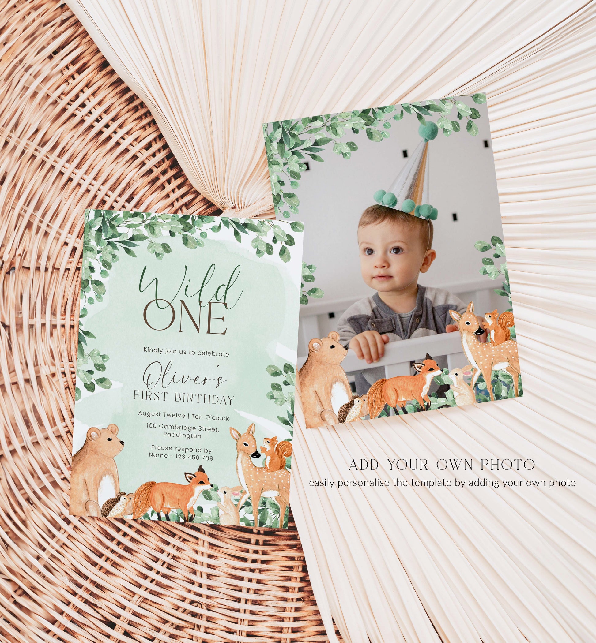 Wild One First Birthday Invitation, Woodland Birthday Invite, Printable Forest Animals Wild Animals Gender Neutral First Birthday Evite