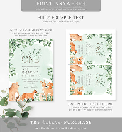 Woodland Animals Green | Printable Birthday Invitation