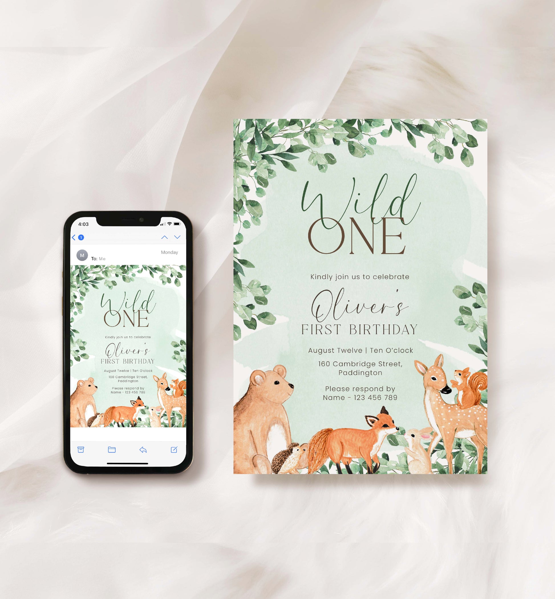 Wild One First Birthday Invitation, Woodland Birthday Invite, Printable Forest Animals Wild Animals Gender Neutral First Birthday Evite