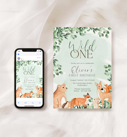Wild One First Birthday Invitation, Woodland Birthday Invite, Printable Forest Animals Wild Animals Gender Neutral First Birthday Evite