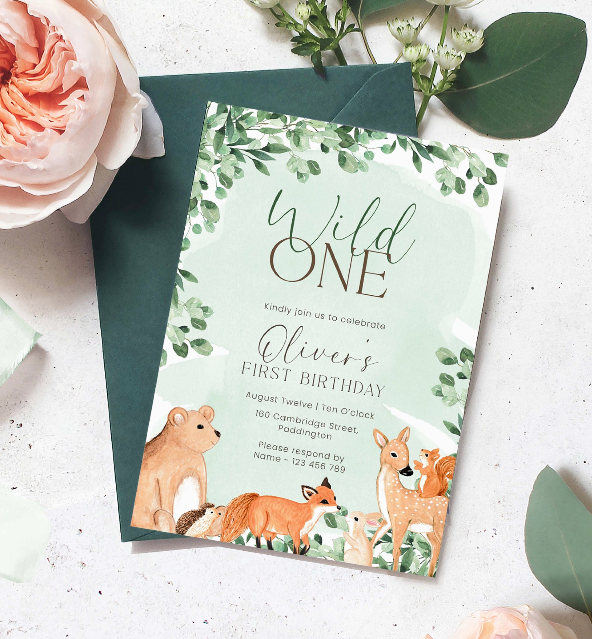 Wild One First Birthday Invitation, Woodland Birthday Invite, Printable Forest Animals Wild Animals Gender Neutral First Birthday Evite