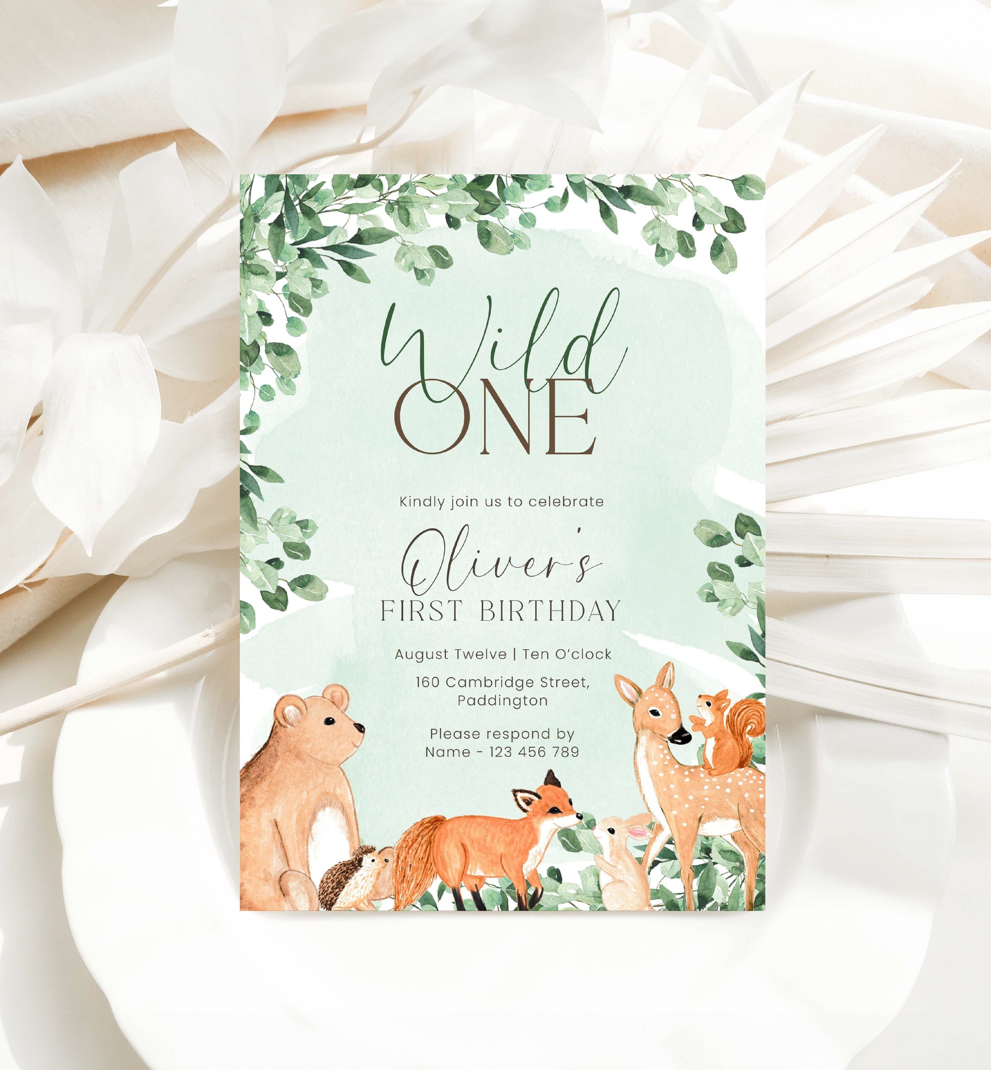 Wild One First Birthday Invitation, Woodland Birthday Invite, Printable Forest Animals Wild Animals Gender Neutral First Birthday Evite