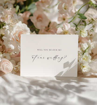 Card asking 'Will you be our MC at our wedding?' surrounded by pink and white flowers. Will You Be Our MC Card, Wedding MC Proposal Card, Minimalist Wedding Card, Wedding Proposal Card, Off White Ivory, Ellesmere
