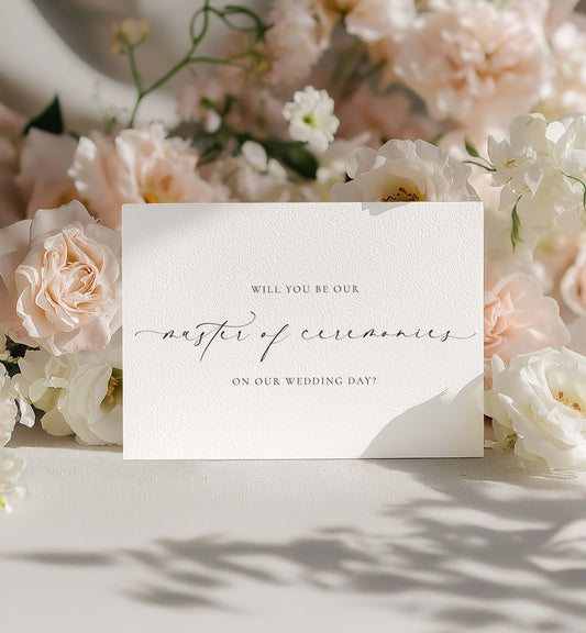 Card asking if you will be the master of ceremonies on a wedding day, surrounded by flowers. Will You Be Our Master of Ceremonies Card, Wedding MC Proposal Card, Minimalist Wedding Card, Wedding Proposal Card, Off White, Ellesmere