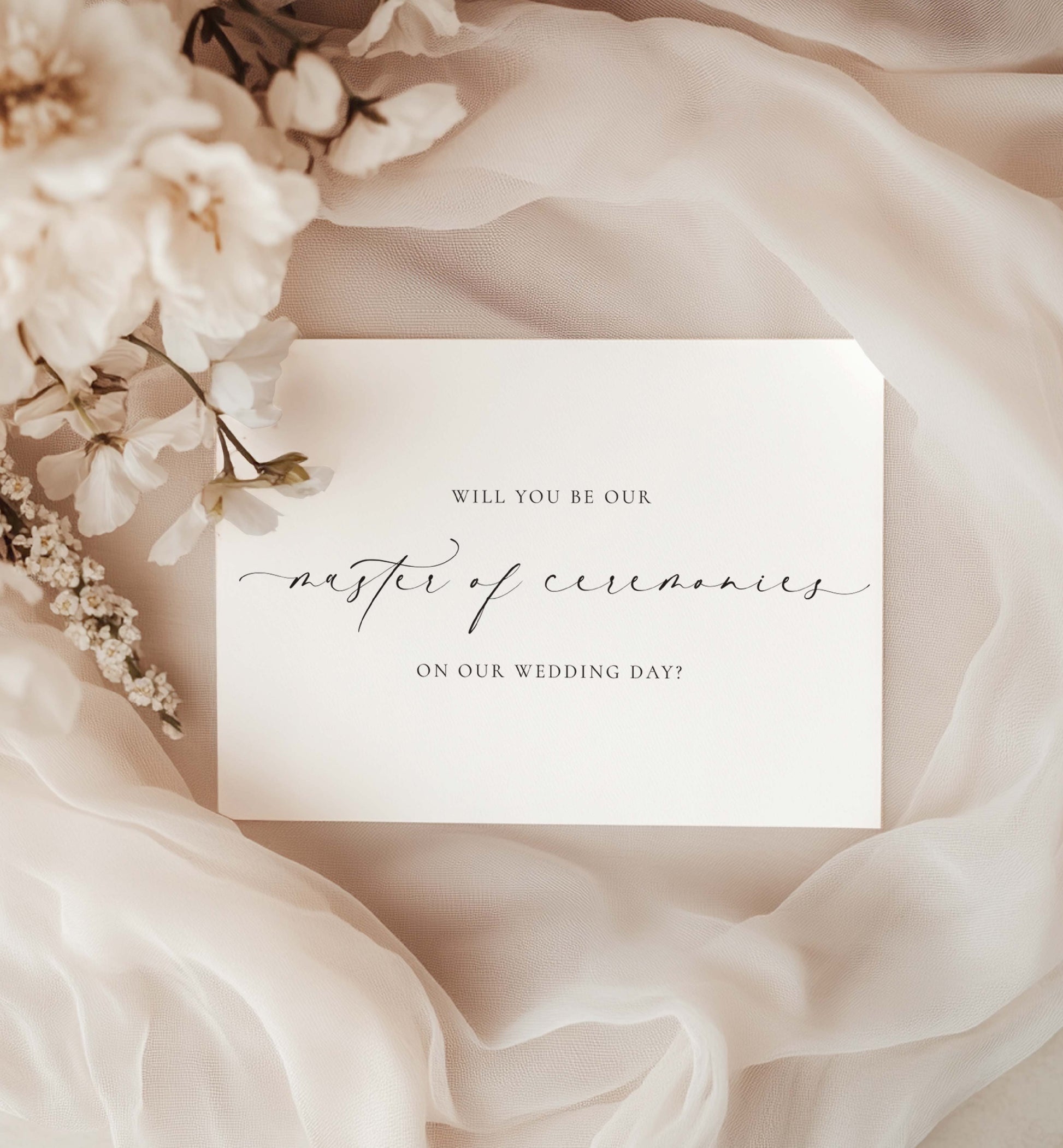 Card asking if you will be their master of ceremonies on their wedding day, surrounded by flowers and soft fabric. Will You Be Our Master of Ceremonies Card, Wedding MC Proposal Card, Minimalist Wedding Card, Wedding Proposal Card, Off White, Ellesmere