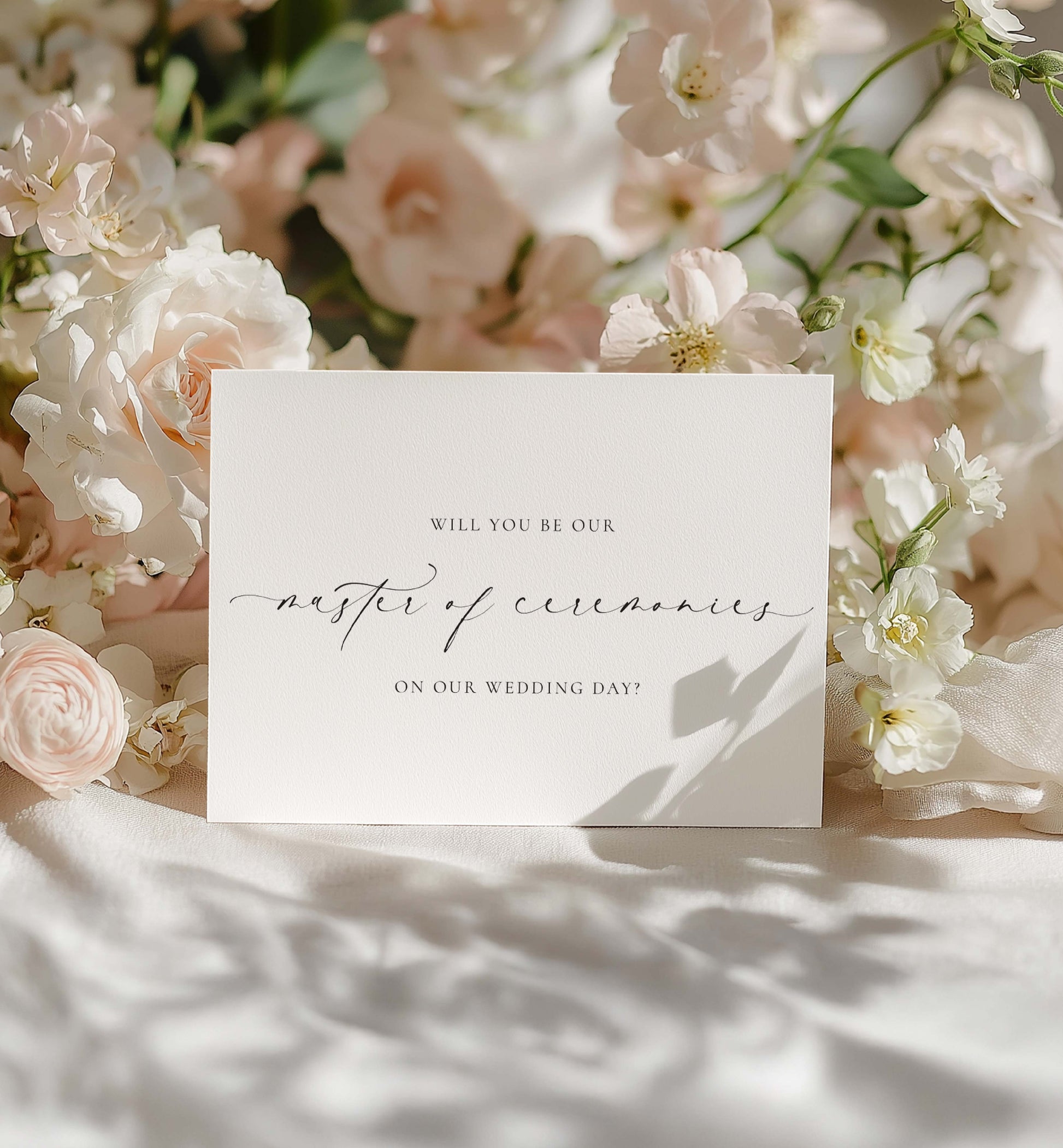 Card asking to be the 'Master of Ceremonies' on a wedding day surrounded by flowers. Will You Be Our Master of Ceremonies Card, Wedding MC Proposal Card, Minimalist Wedding Card, Wedding Proposal Card, Off White, Ellesmere