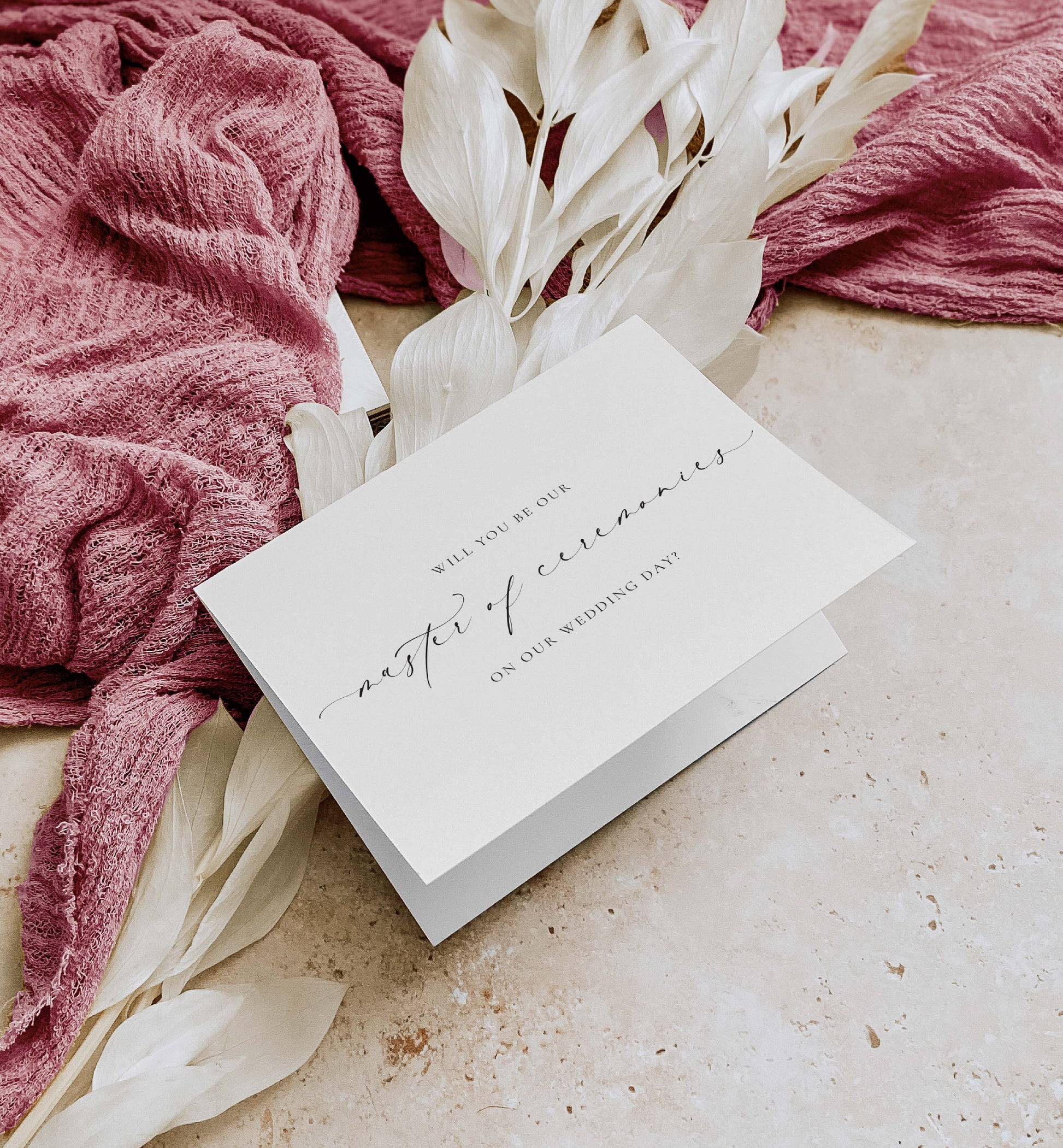 White card with black text on a pink fabric background. Will You Be Our Master of Ceremonies Card, Wedding MC Proposal Card, Minimalist Wedding Card, Wedding Proposal Card, Off White, Ellesmere