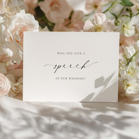 White card with 'Will you give a speech at our wedding?' text on a floral background. Will You Give a Speech At Our Wedding Card, Wedding Speech Card, Minimalist Wedding Card, Wedding Proposal Card, Off White Ivory, Ellesmere