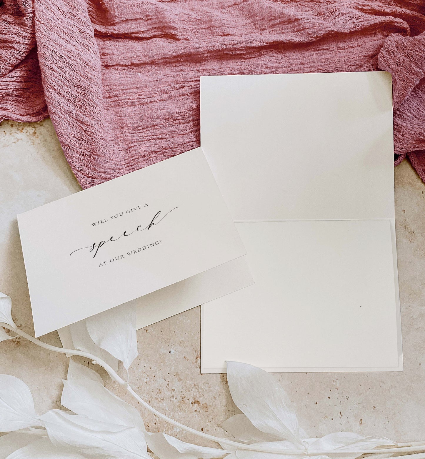 Invitation card with 'Will you give a speech at our wedding?' text on a textured surface with pink fabric and white flowers. Speech Card, Wedding Speech Holder, Groom Speech, Bride Speech, Best Man Speech, Minimalist Wedding Card, Off White Ivory, Ellesmere