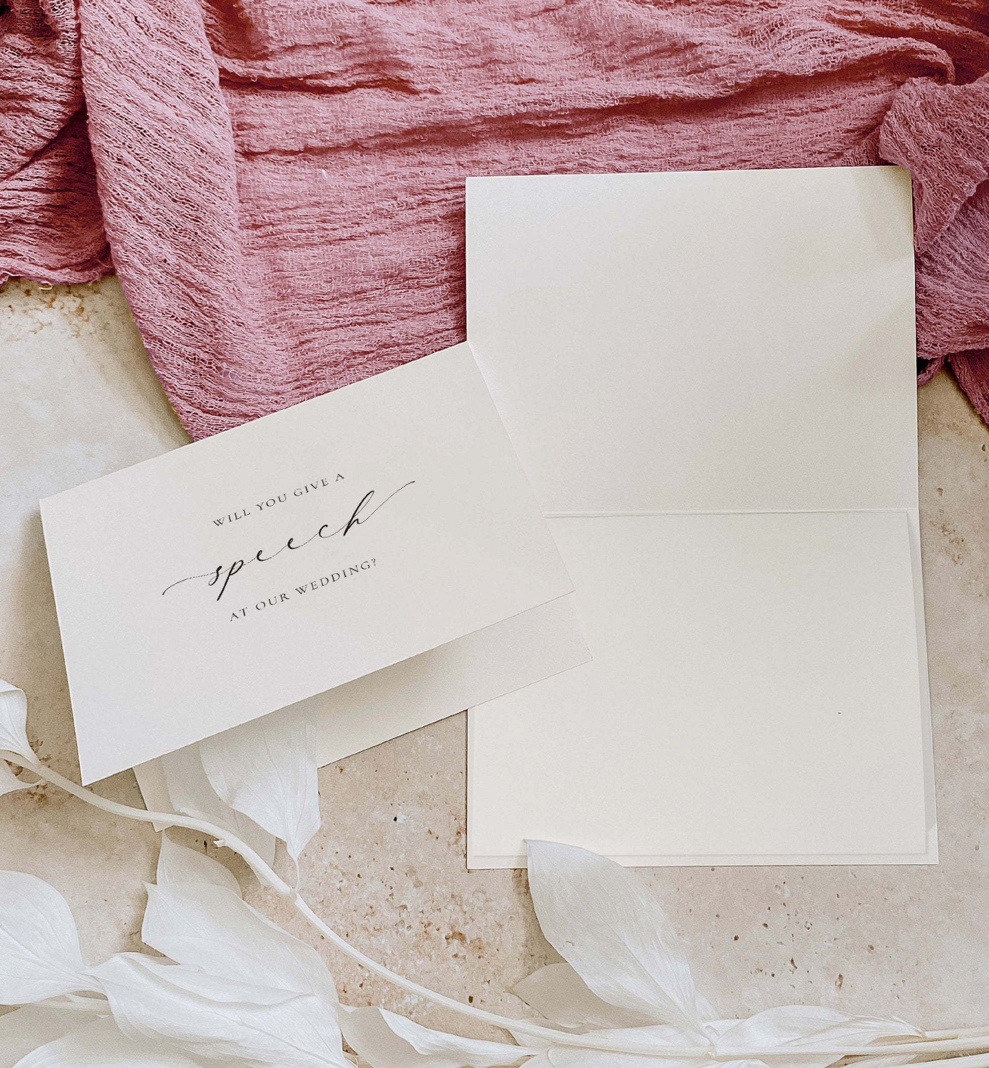 Invitation card with 'Will you give a speech at our wedding?' text on a textured surface with pink fabric and white flowers. Speech Card, Wedding Speech Holder, Groom Speech, Bride Speech, Best Man Speech, Minimalist Wedding Card, Off White Ivory, Ellesmere