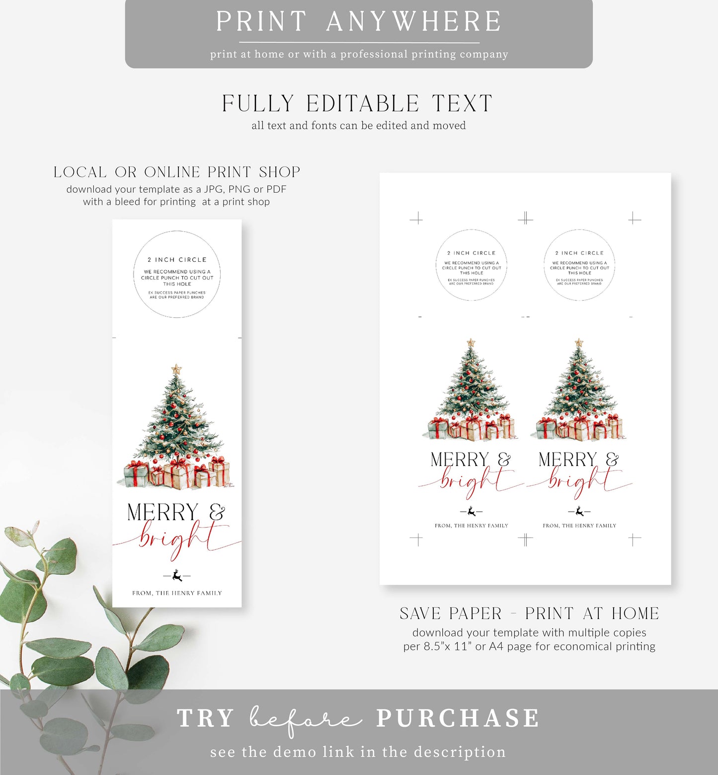 Magical Christmas | Printable Merry and Bright Wine Bottle Bib Gift Tag