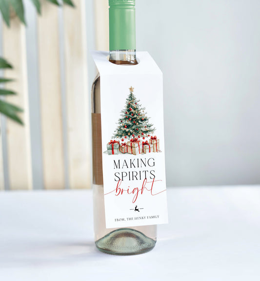 Making Spirits Bright Wine Bottle Tag, Printable Christmas Wine Bottle Bib, Holiday Wine Gift Tags,  Personalized Christmas Tags, Magical