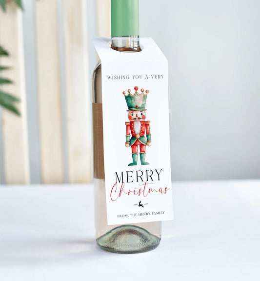 Printable Merry Christmas Wine Bottle Tag, Nutcracker Wine Bottle Bib, Holiday Wine Gift Tags,  Personalized Christmas Tags, Magical