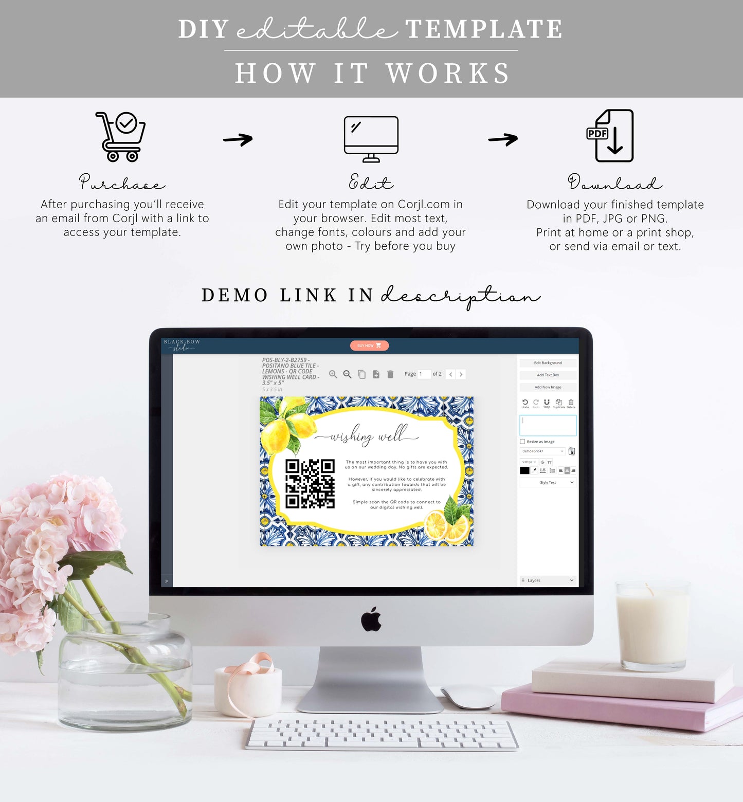 Positano Blue Tile Lemons | Printable QR Wishing Well Card Template
