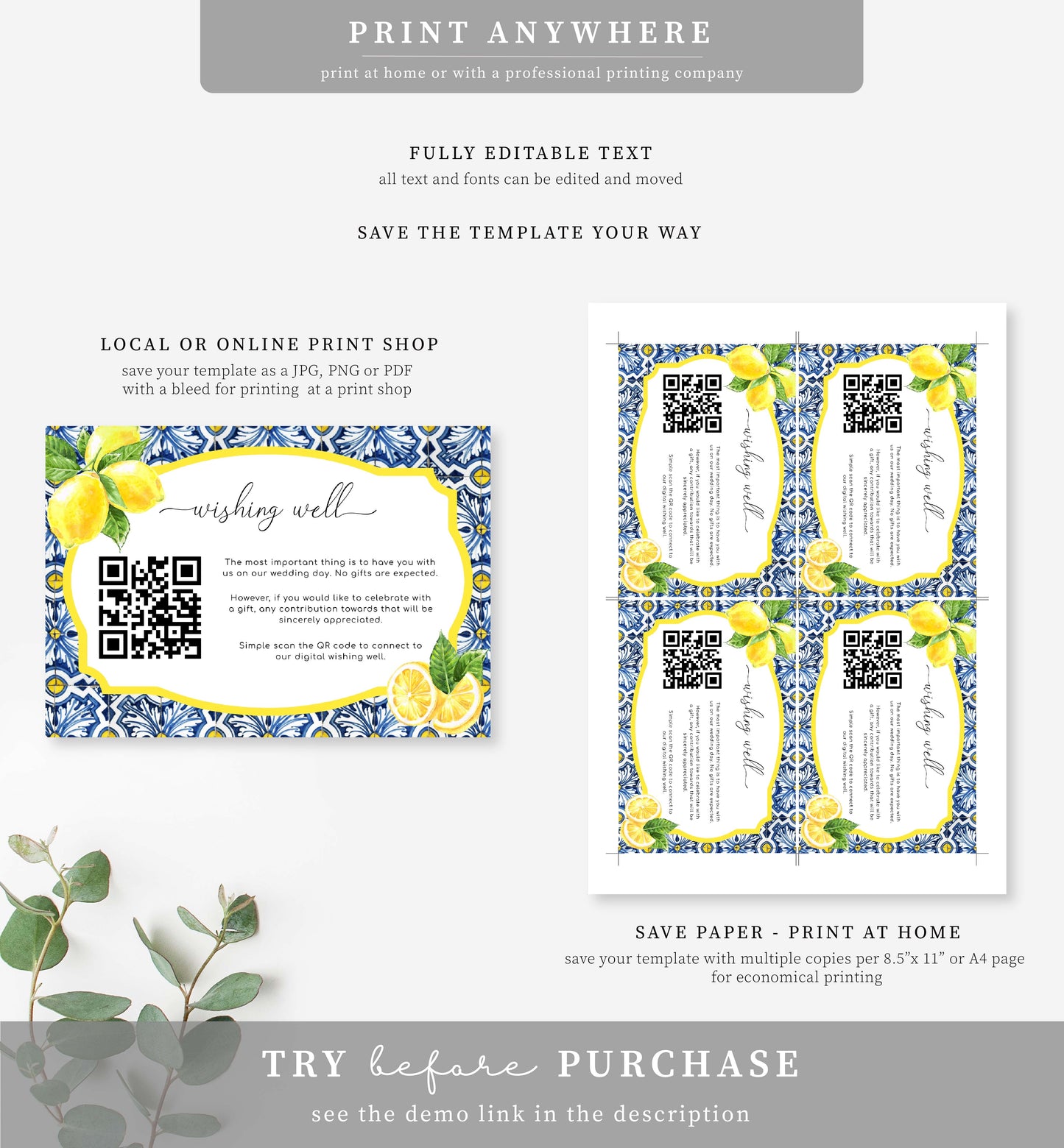 Positano Blue Tile Lemons | Printable QR Wishing Well Card Template