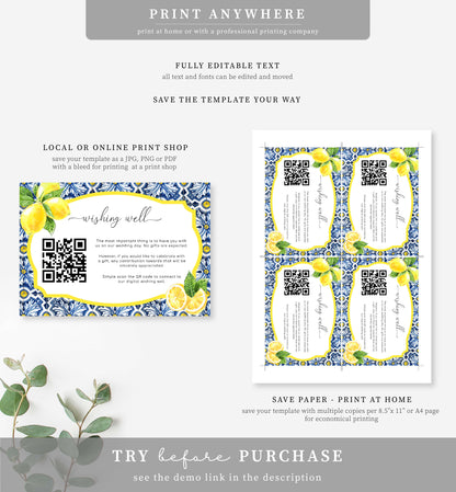 Positano Blue Tile Lemons | Printable QR Wishing Well Card Template