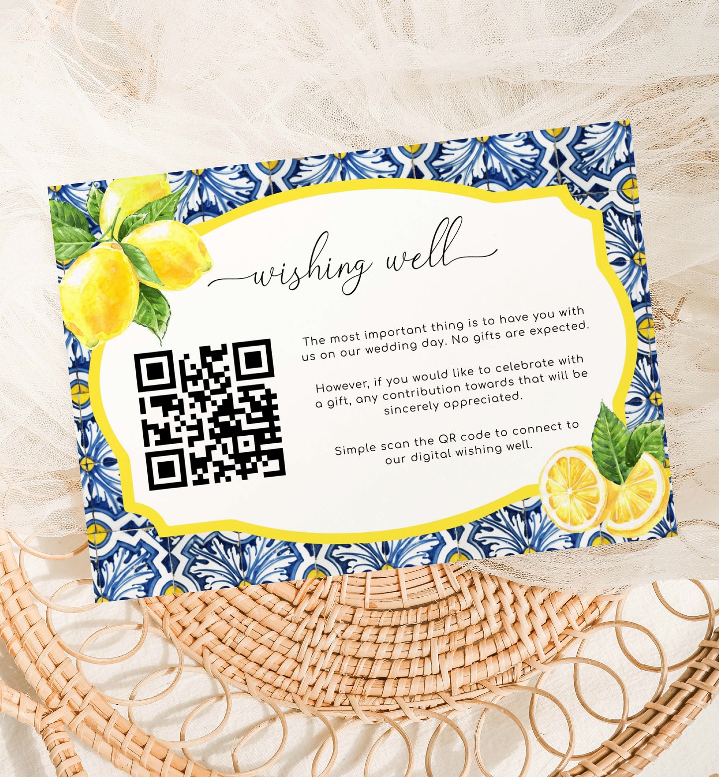 Positano Blue Tile Lemons | Printable QR Wishing Well Card Template
