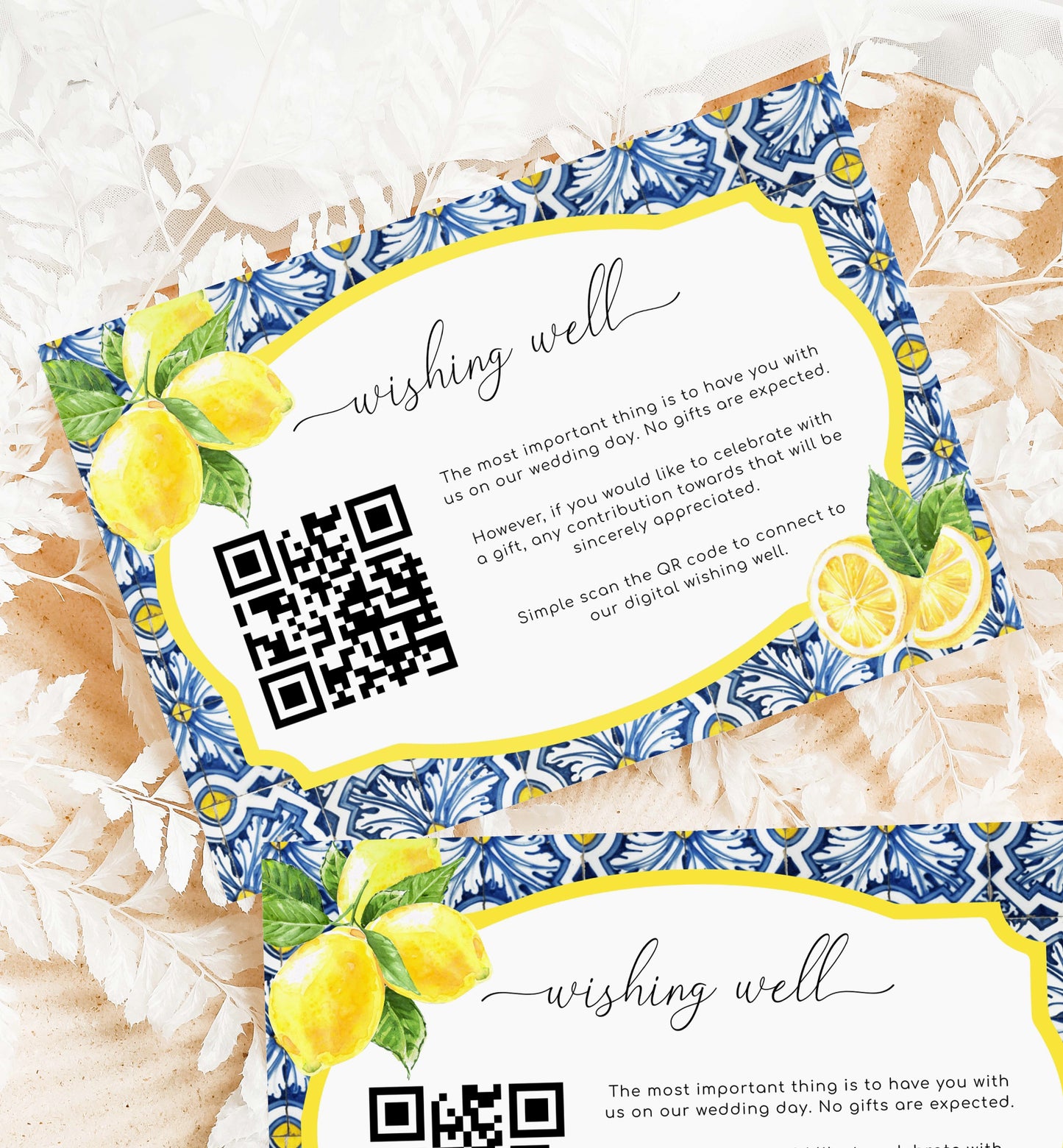 Positano Blue Tile Lemons | Printable QR Wishing Well Card Template