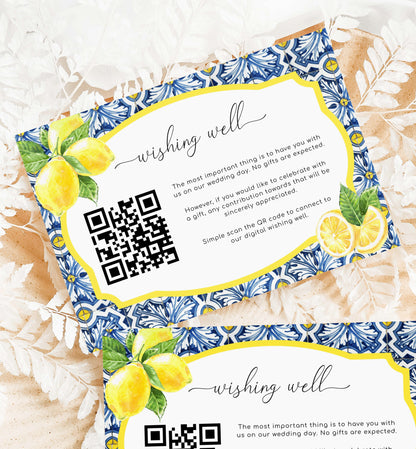 Positano Blue Tile Lemons | Printable QR Wishing Well Card Template