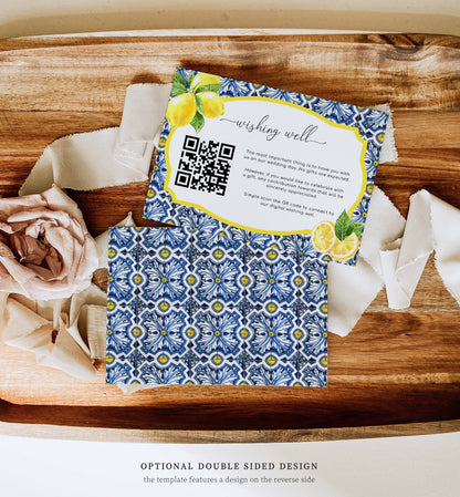 Positano Blue Tile Lemons | Printable QR Wishing Well Card Template