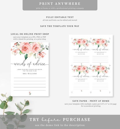 Darcy Floral | Printable Words Of Advice Sign and Card Template