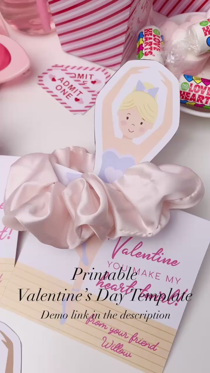 Printable Valentine's Day Scrunchie Tag Template, Ballerina Valentine's Day Hair Tie Gift Tag, Kids Classroom Valentine's Day Gift