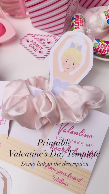 Printable Valentine's Day Scrunchie Tag Template, Ballerina Valentine's Day Hair Tie Gift Tag, Kids Classroom Valentine's Day Gift