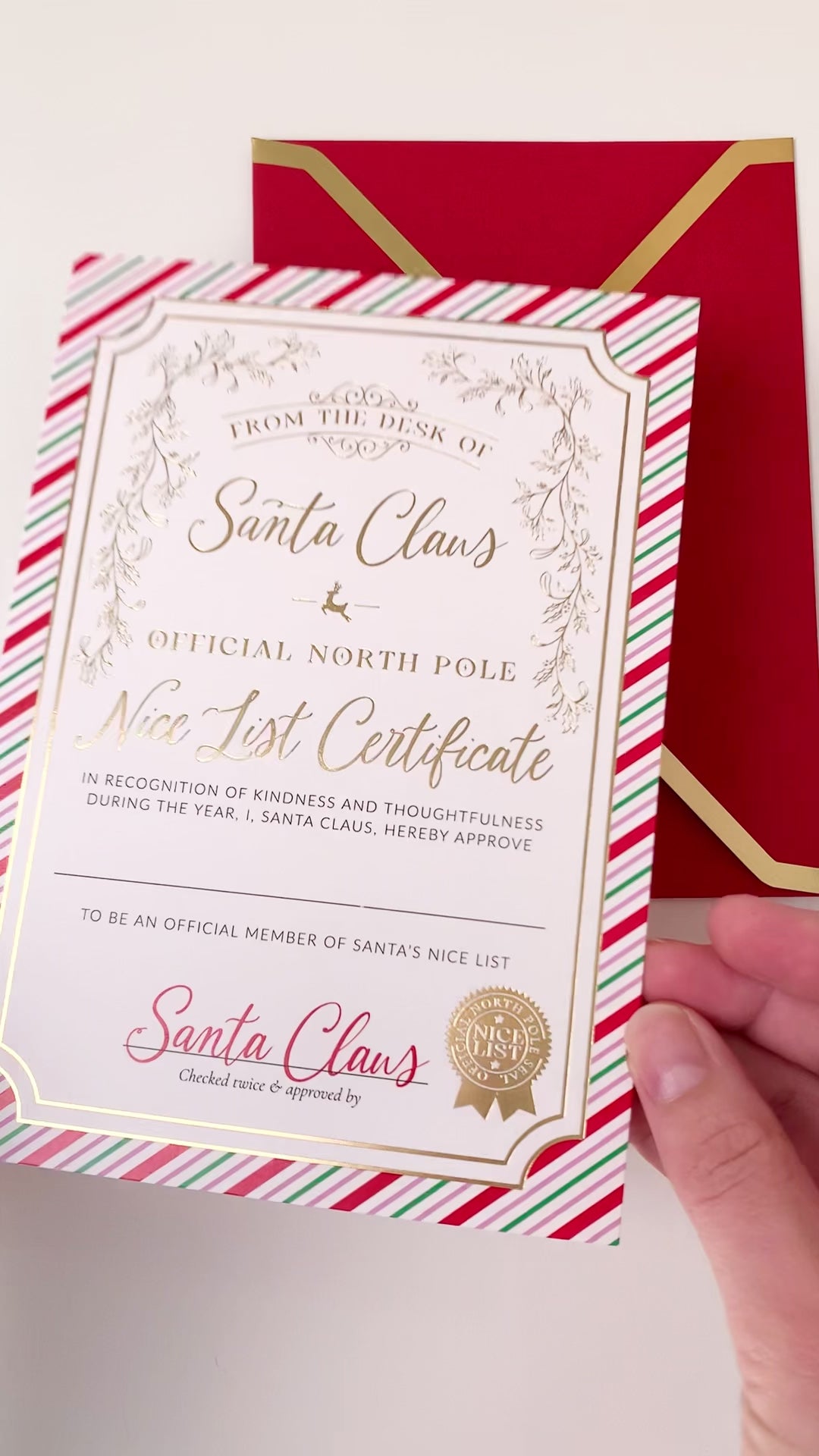 Nice List Certificate, Santa's Official Nice List Certificate, Christmas Eve Box, Stocking Stuffer Gift, Festive Stripe