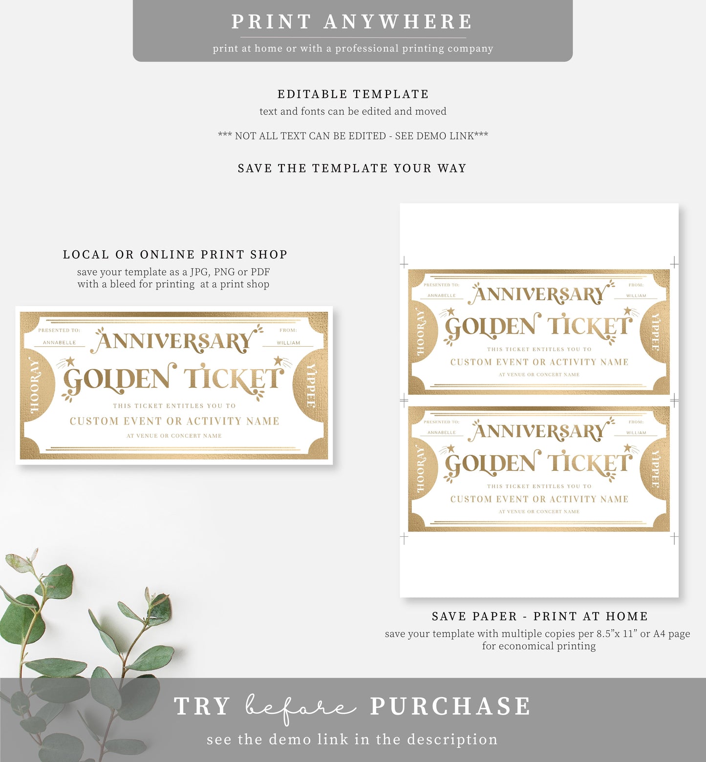 Golden Ticket Gold | Printable Anniversary Custom Gift Voucher Template