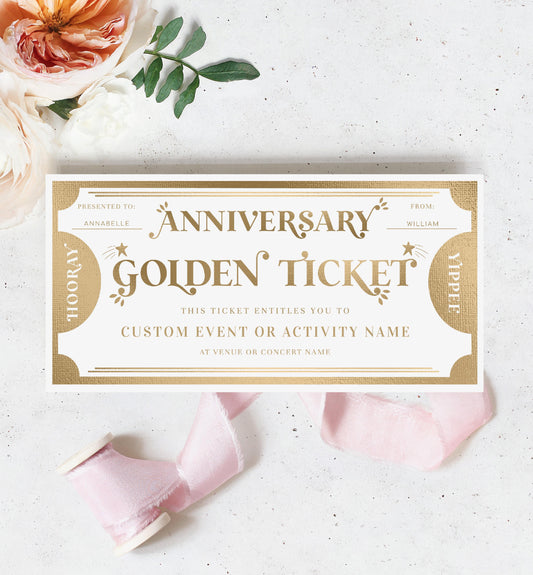 Golden Ticket Gold | Printable Anniversary Custom Gift Voucher Template