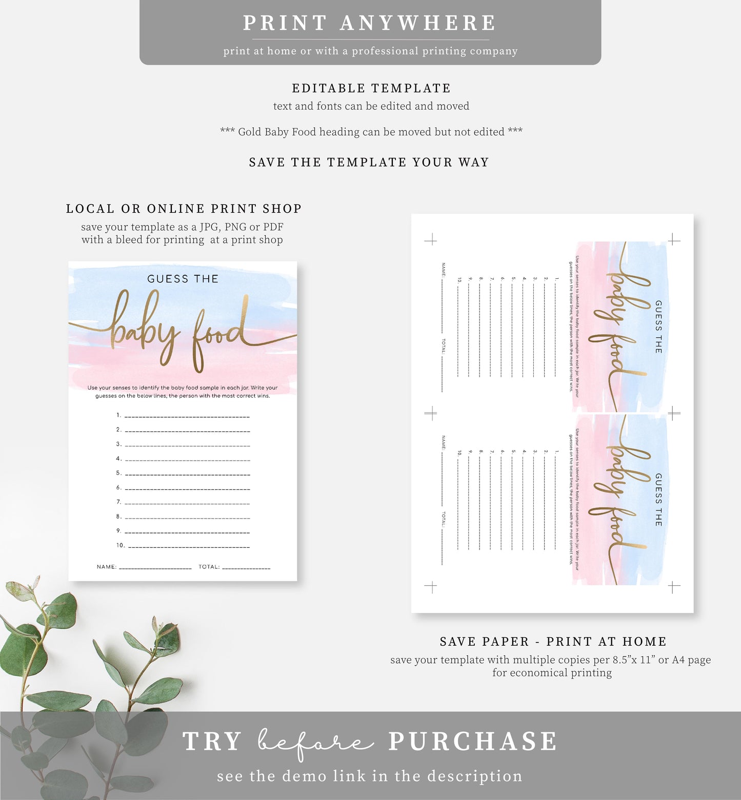 Watercolour Pink Blue | Printable Baby Food Game Sign, Card and Numbers Template