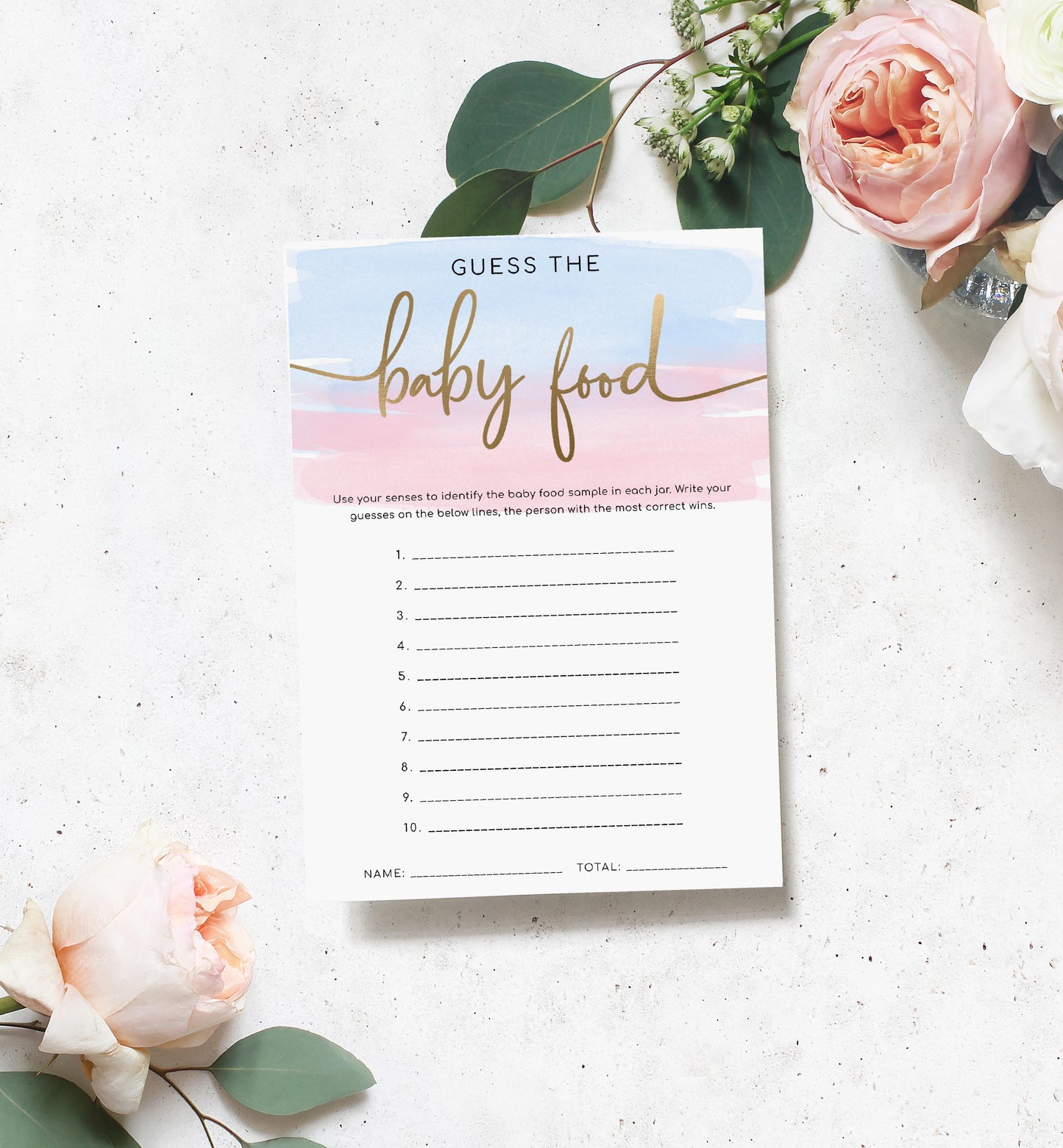 Watercolour Pink Blue | Printable Baby Food Game Sign, Card and Numbers Template