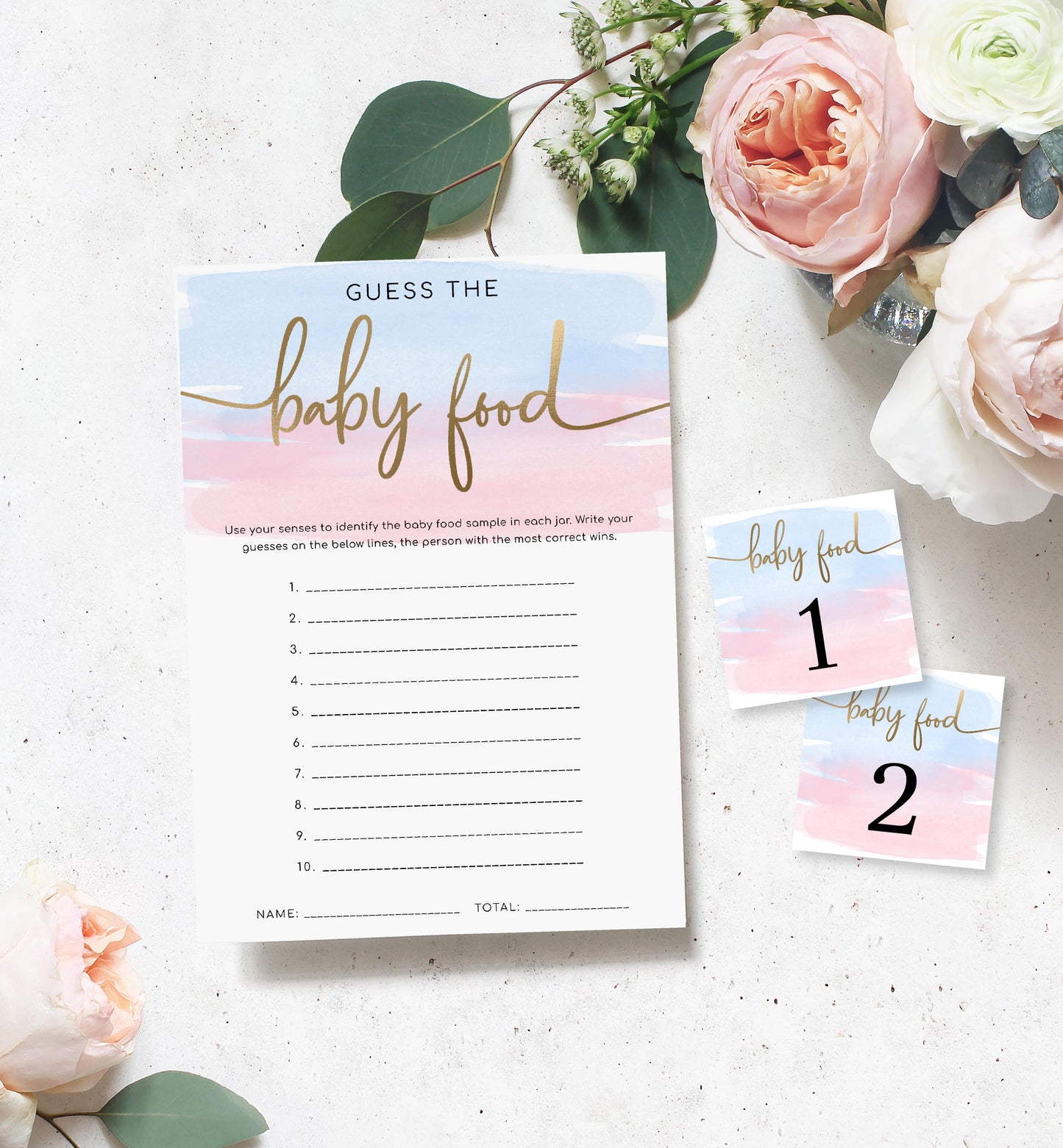 Watercolour Pink Blue | Printable Baby Food Game Sign, Card and Numbers Template